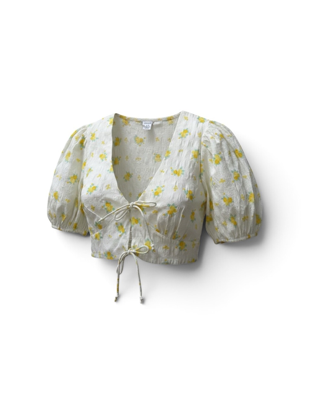 Cotton On Women's Yellow Floral Tie-Front Puff Sleeve Top